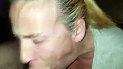 The blonde milf wife, acting as a slut, performs deepthroat blowjob and swallows cum