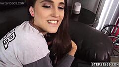 brunette teen sucks stepbro's banana with fake tits!