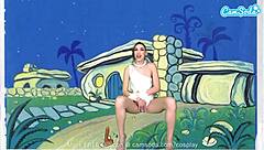 cute teen cosplays wilma, masturbates and sucks huge cock on webcam