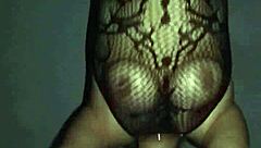 Fishnet chubby big tits bounce on my wife