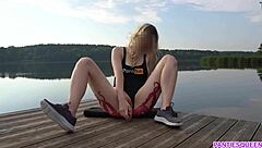 Hot blonde flashes pussy and rides dildo outdoors