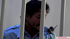 busty brunette prisoner sucks monster cock then gets fucked by guard