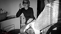 karina model feels passionate with photographer backstage, her hairy pussy in pantyhose getting attention.