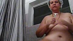 latina bbw in the shower getting a golden shower while masturbating her big ass