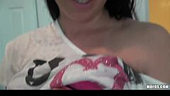 busty young brunette college teen enjoys threesome with big tits bouncing