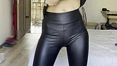 European Amateur Brunette Teen 18+ Masturbates Pussy with Fingers in Latex Pants on Cam