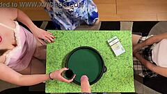 three hot amateur girls in skirts give cfnm handjobs, edging and teasing balls for precum challenge