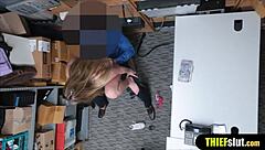 Blonde caught shoplifting gets drilled by mall cop.