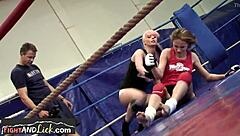 smalltits lesbians wrestle fiercely then dive into pussylicking action