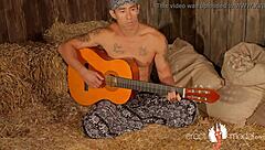 Gay Asian Muscle Guitarist Masturbates Naked on Hay