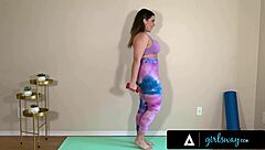 big chested trainer natasha nice fingers herself in training tape