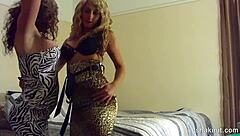 Girls strip naked at the party, ripping clothes for lesbian fun and striptease