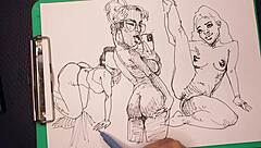 Porn artist sketches sexy girls at work fast!