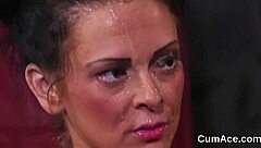 Randy babe gets cum load on her face and eats it all