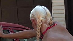 Blonde Gives Blowjob During Car Wash Session