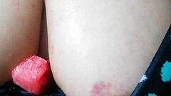 Hotty wild cat Rita playfully interacts with a watermelon