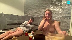 girl and boy eat take-away while topless