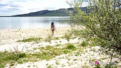 Ebony Babe Bends Over by Lake