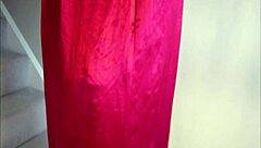 my sexy red satin skirt hides panties and stockings for upskirt tease