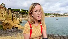 Cute Amelia in glasses and stockings masturbates with dildo