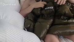 Humping my silky smooth jacket leads to a big cumshot ending