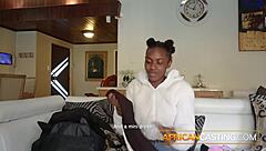 Pretty ebony student swallows in fake casting blowjob