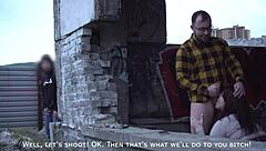 Teen gives blowjob outdoor, guy cums while peeping!