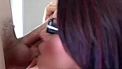 Eva smiles while sucking and taking a big cumshot