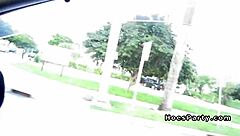 three amateurs driving with bare boobs