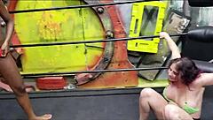 ebony wrestler with big tits dominates in interracial french kissing match