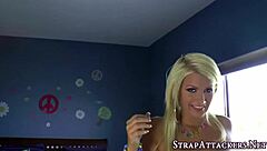 Watch this blonde lesbian get strapon fucked in POV, her big ass bouncing