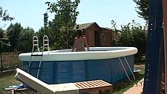 Hot brunette stepdaughter rides hard with her shaved pussy