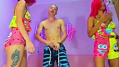 Girls with colorful hair enjoy a fun sleepover with their neighbor.