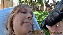 in the garden, the lovely blonde teen starts with a blowjob, then gets fucked with cock and dildo, moaning like a slut