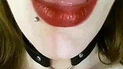 that submissive girl with red lipstick gives a deep throat blowjob