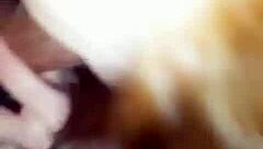 that submissive girl with red lipstick gives a deep throat blowjob