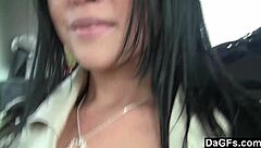 i touch my small tits in public car