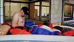 20 down jackets float in inflatable pool with silk nylon satin