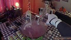 teen fucks step daddy and his friends in hardcore pov swallow session on halloween