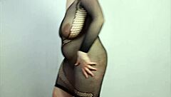 Intensely Try On See-Through Bodystocking, Showing Off Big Tits And Chubby Body