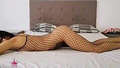 Young brunette amateur fucks in mesh bodystockings after work, cum on pussy