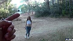 Latina Lina Jones gives outdoor blowjob and gets cumshot in public POV.