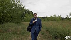 suited gay men strip and box naked outdoors with neighbors watching