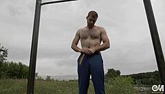 suited gay men strip and box naked outdoors with neighbors watching