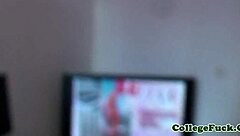 College teen rides cock in dorm before cumshot.