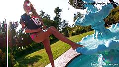 Samantha Saint enjoys football fun solo