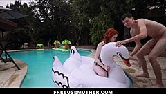 Freeuse redhead milf stepmom used by stepsons outdoors by pool