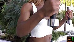 Bigtitted Black Tranny Slammed Hard with Dildo in Wild Session