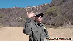 Blonde stunner performs on car hood in uniform