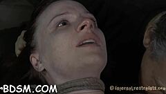 Detailed scene of sucking and blowjob in bdsm rough missionary sex with naked couple.